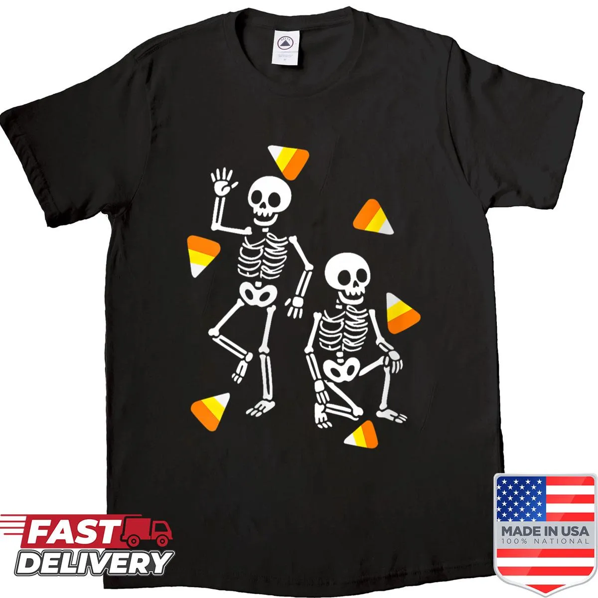 Funny Halloween shirt with skeletons and candy illustration