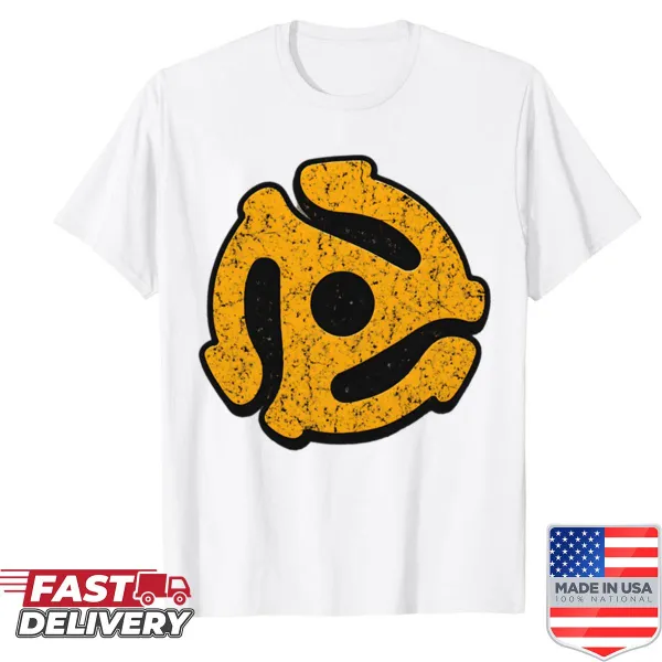 Vintage record adapter graphic on a music-themed t-shirt.
