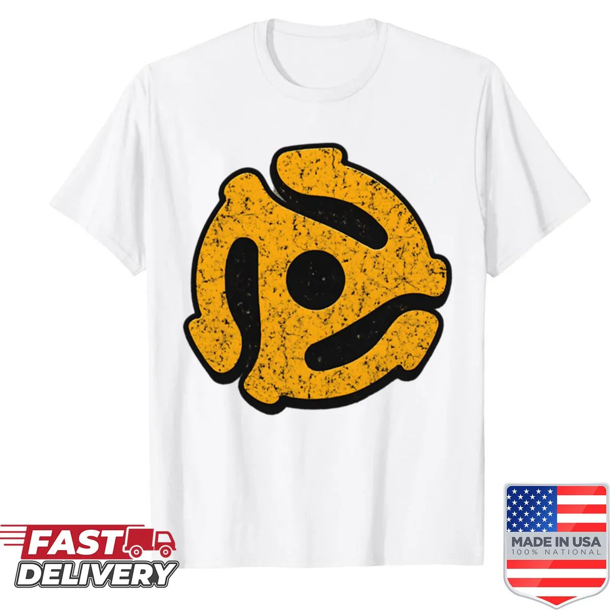 Vintage record adapter graphic on a music-themed t-shirt.