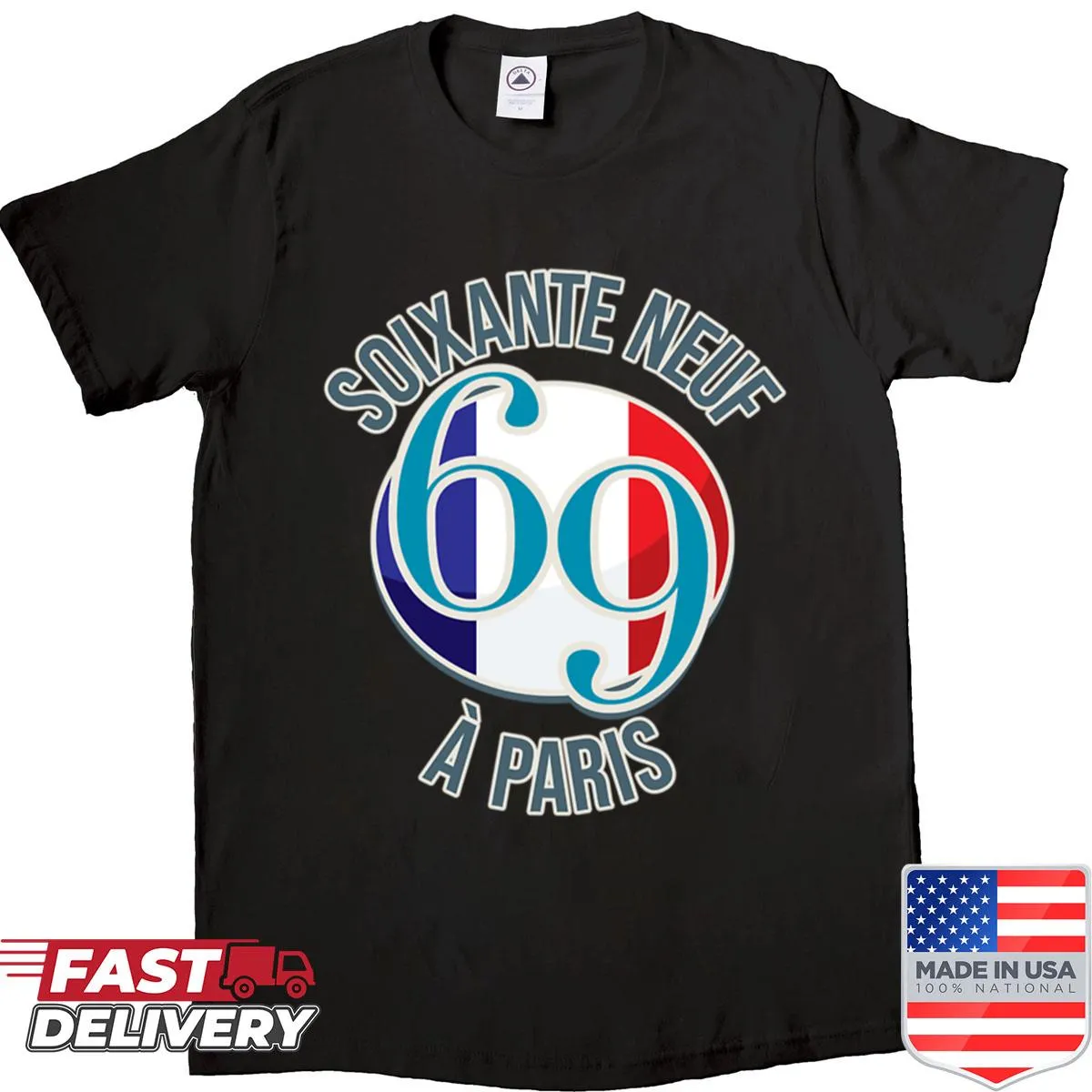 Shirt featuring the French flag and the number 69 in a stylish design.