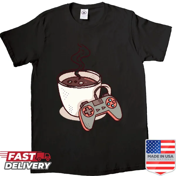 Pixel art coffee cup shirt with retro design