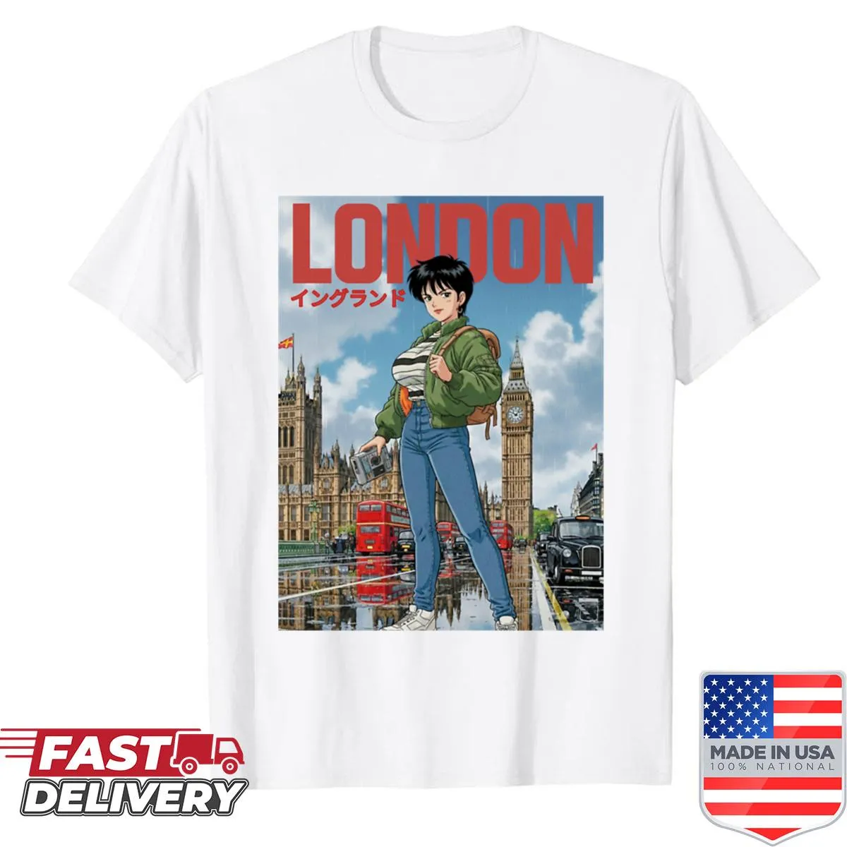 90s anime girl illustration on an oversized shirt