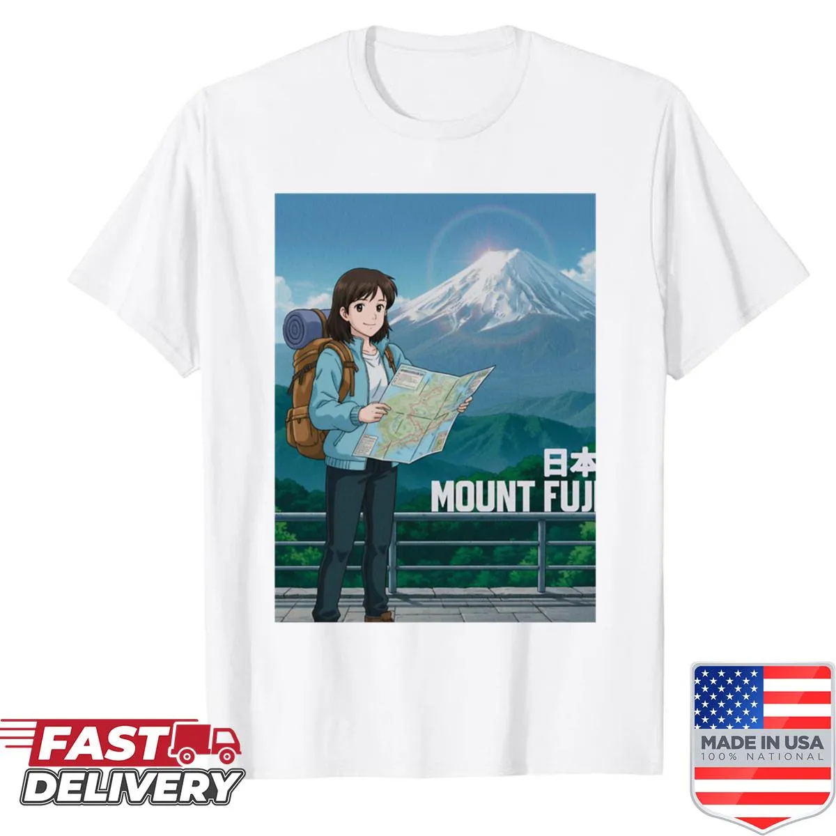 90s anime girl with Mount Fuji illustration