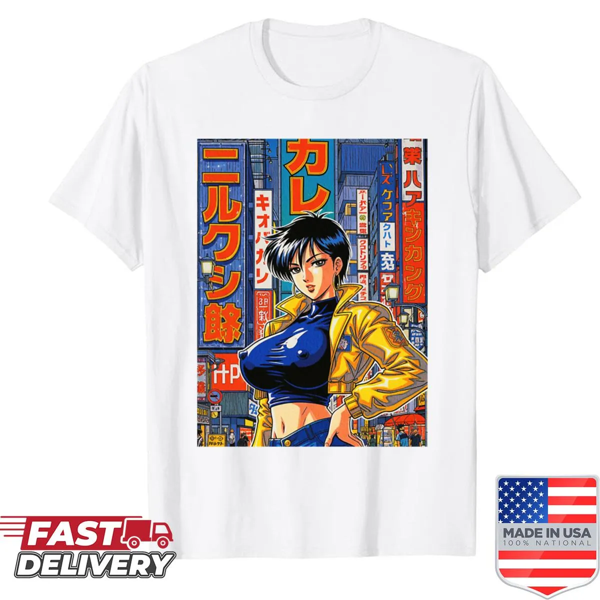 90s anime girl design on a casual shirt