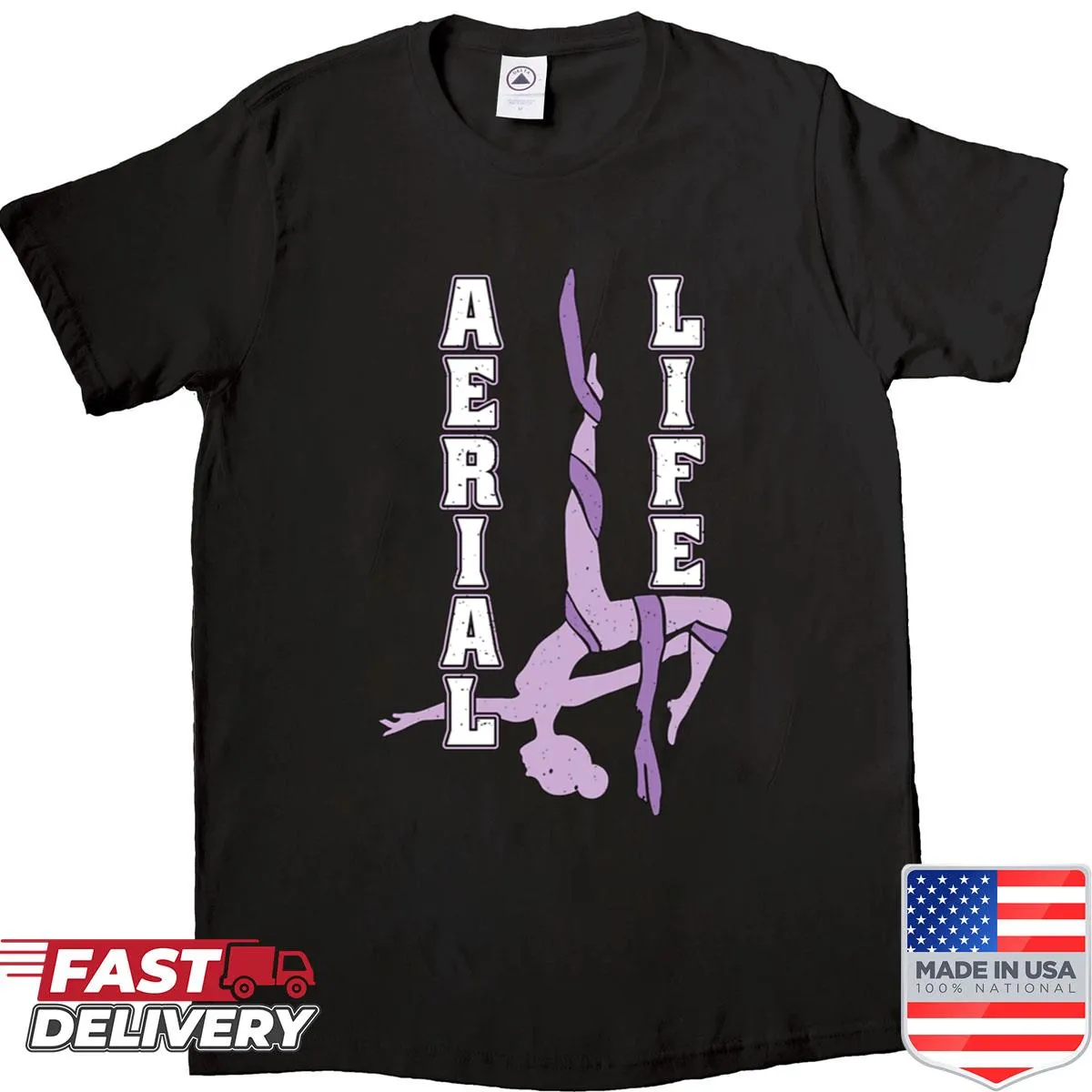 Cartoon graphic celebrating aerial silk on an oversized shirt