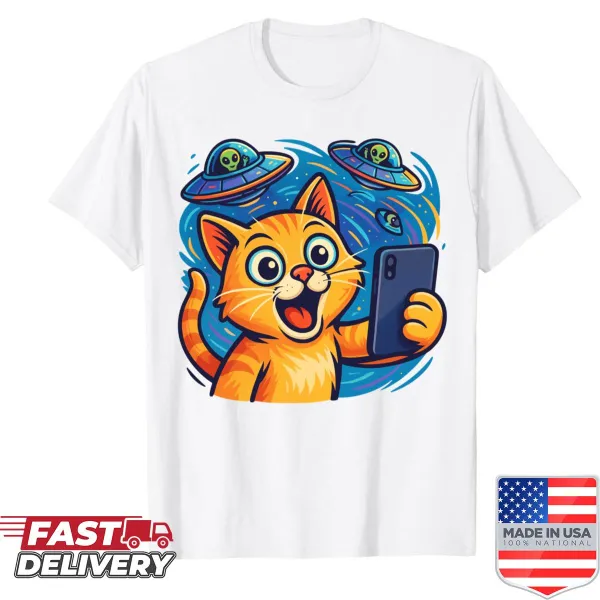 Funny cartoon meme t-shirt with alien UFO and cat selfie