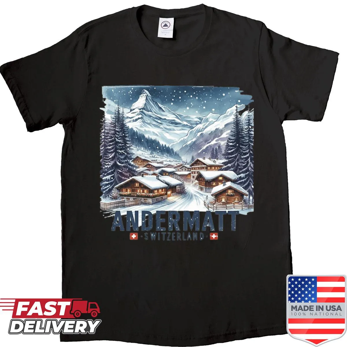 Illustration of Andermatt village in Switzerland on a shirt.
