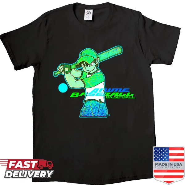 Anime-themed baseball graphic on an oversized shirt