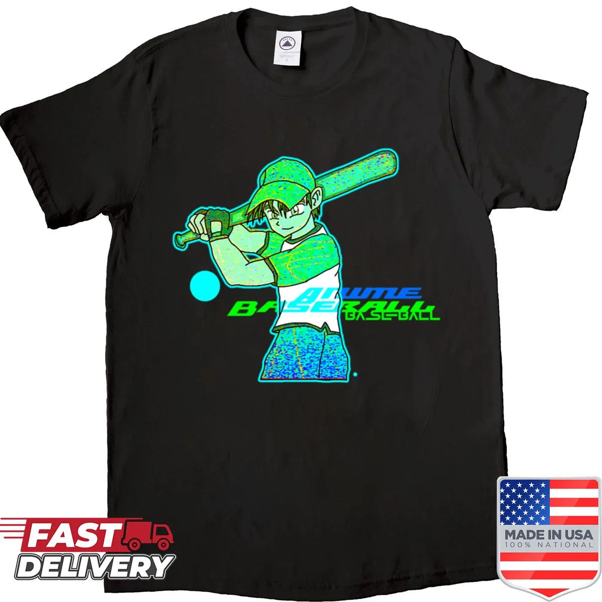 Anime-themed baseball graphic on an oversized shirt
