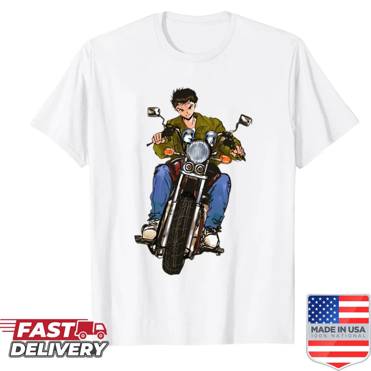 Anime motorcycle rider illustration on a vintage oversized shirt