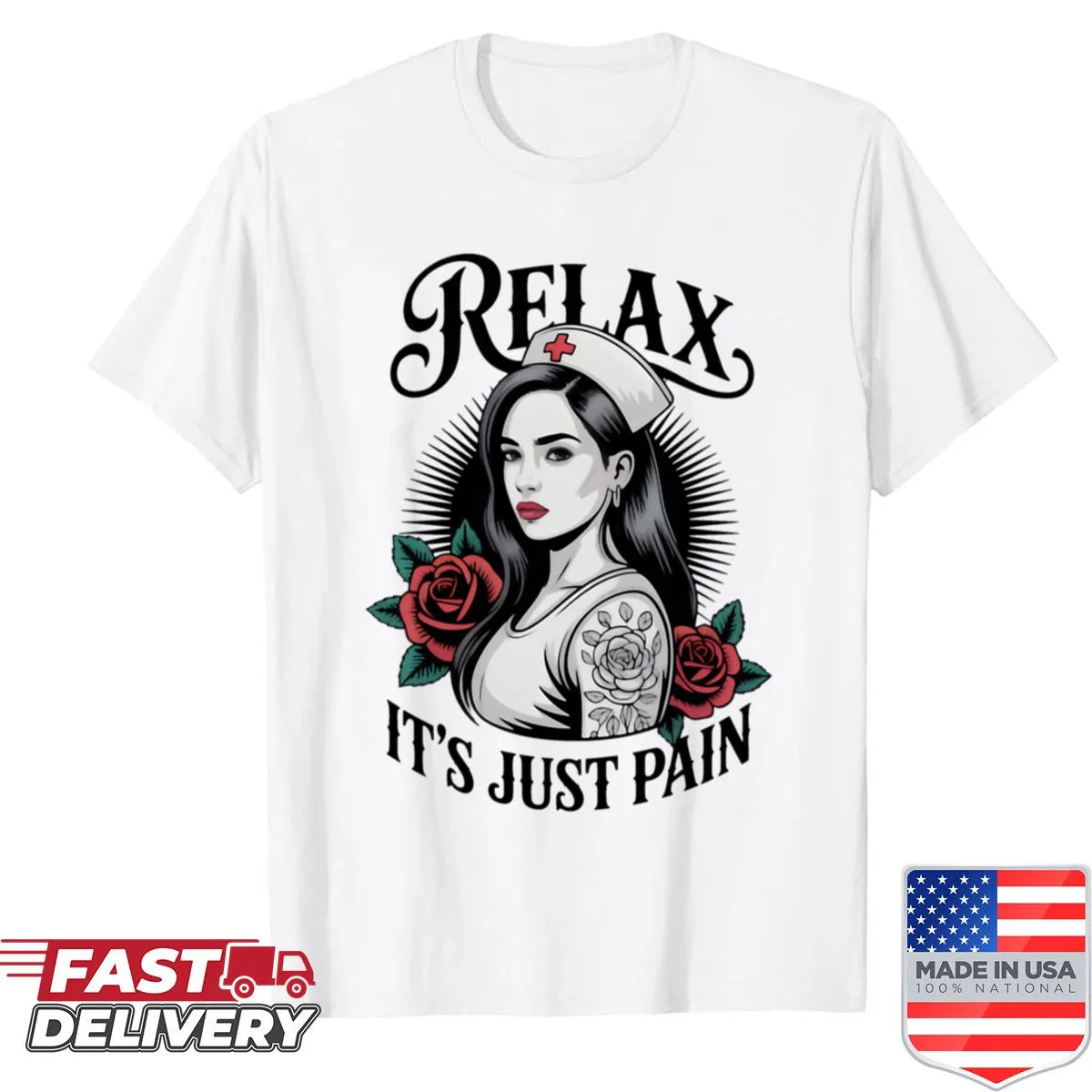 Artistic shirt featuring a nurse with a rose tattoo and floral frame.