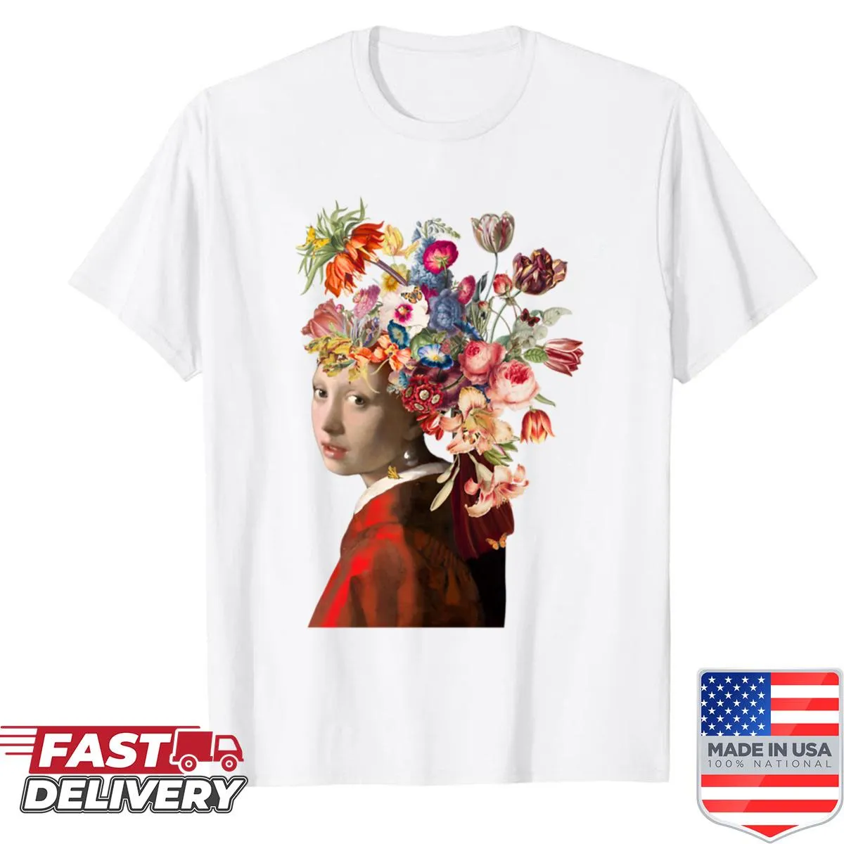 Floral collage featuring Girl With A Pearl Earring graphic