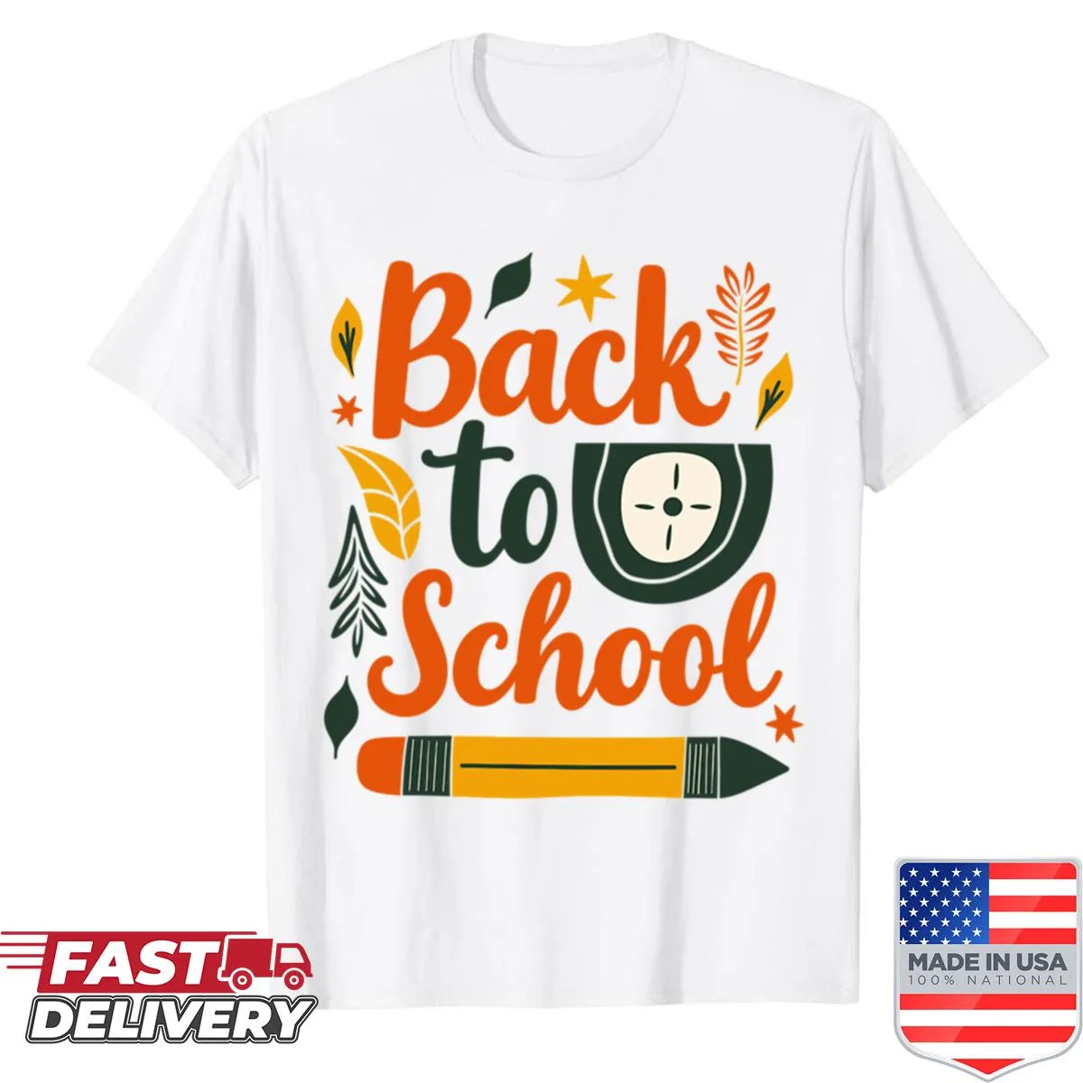 Retro typography shirt featuring autumn leaves and pencil for back to school