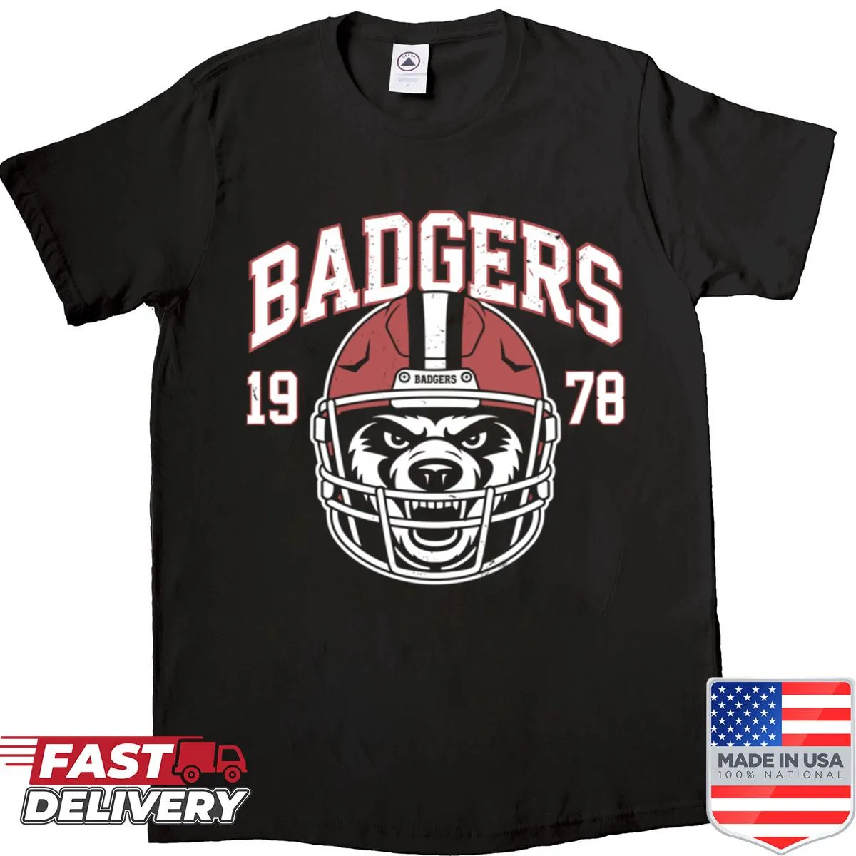 Vintage football shirt with Badgers team helmet design.