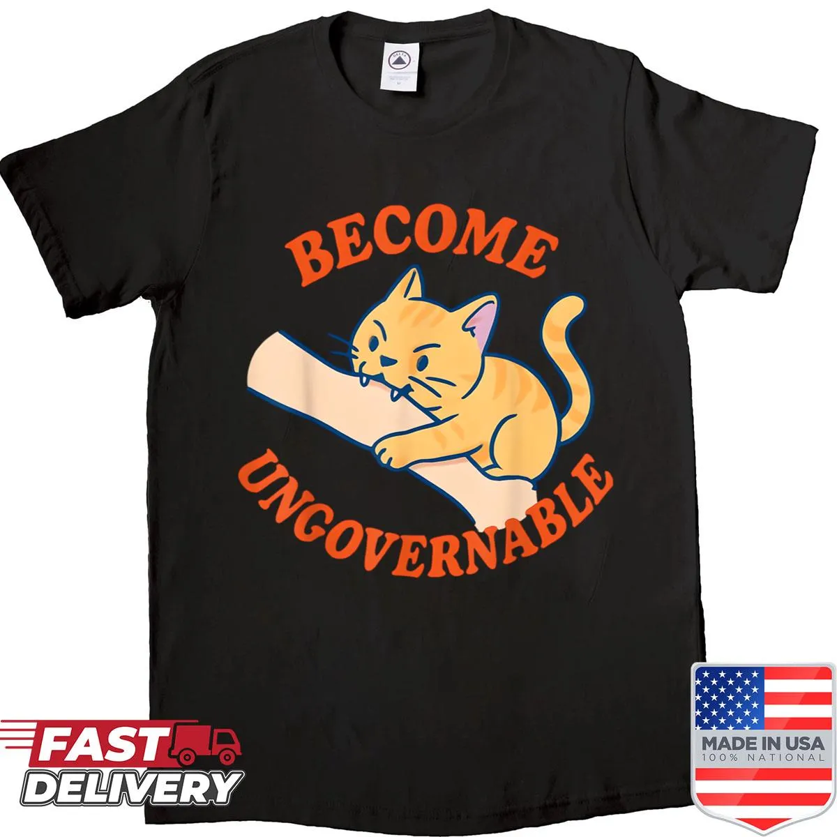 Funny cat biting hand illustration with text 'Become Ungovernable'
