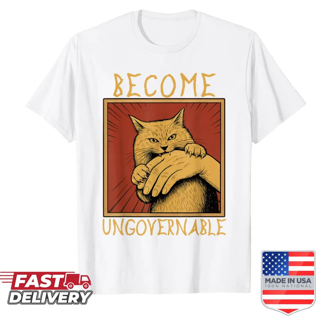 Humorous t-shirt with biting hand cat meme and edgy text