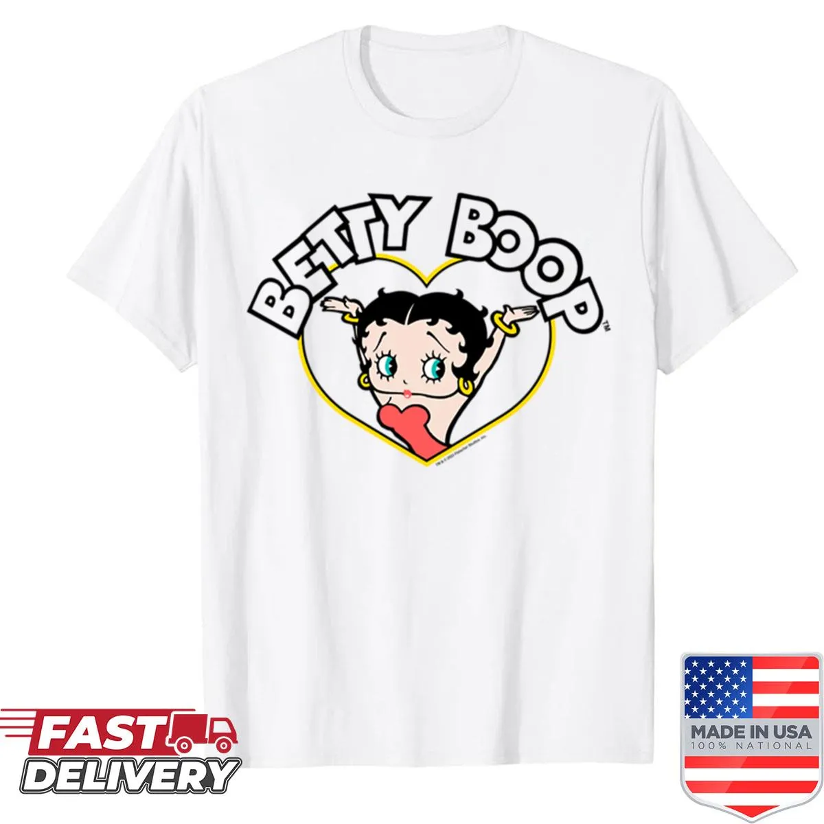 Betty Boop with arms raised and heart design t-shirt