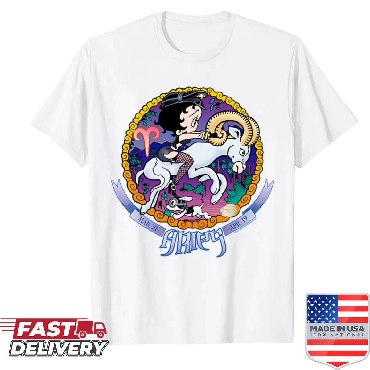 Betty Boop shirt featuring an illustration of Aries zodiac symbols