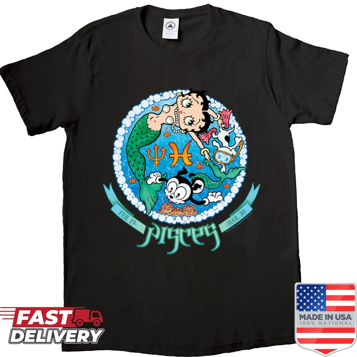 Betty Boop as Pisces graphic in decorative box on shirt