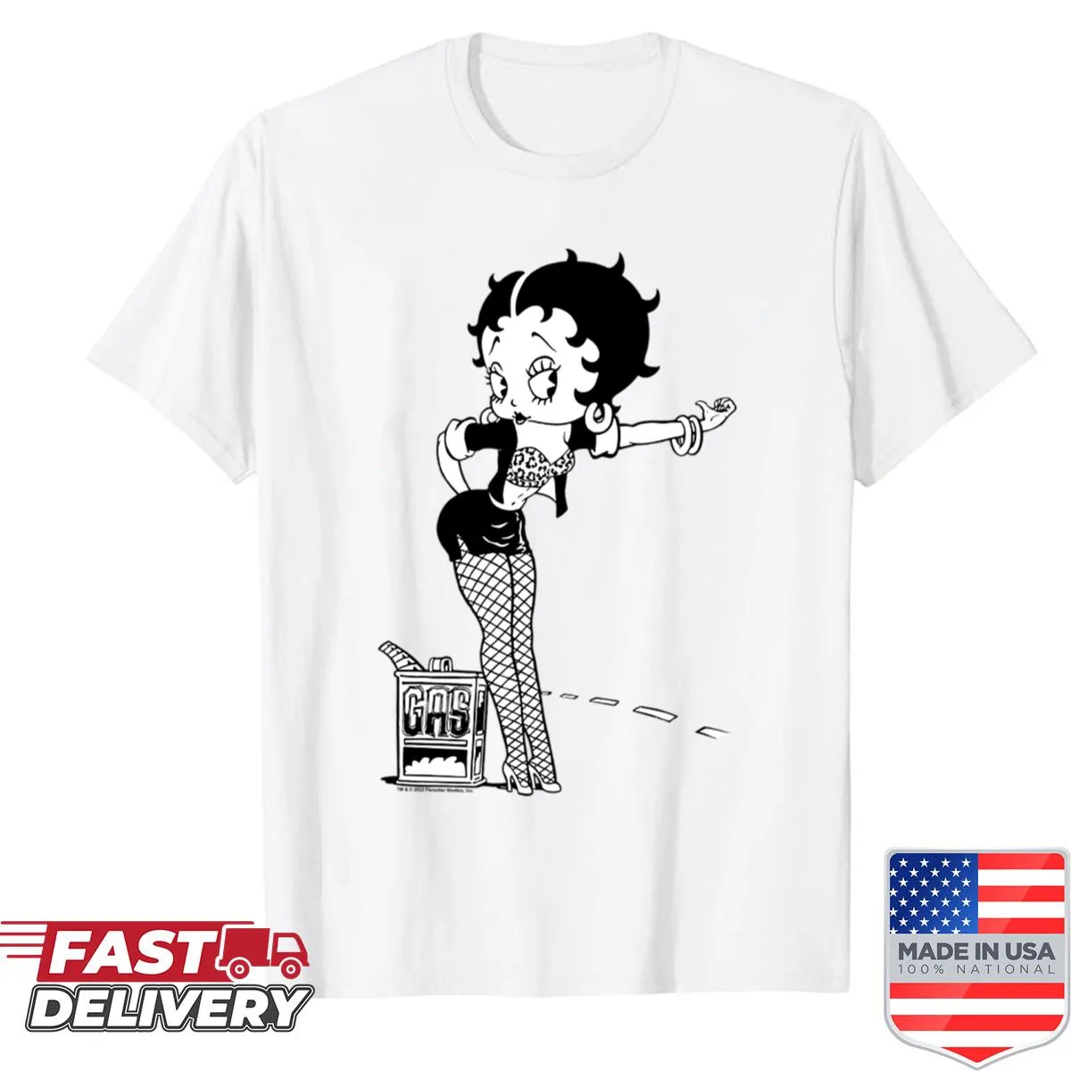 Betty Boop hitchhiking with a gas can graphic on a shirt