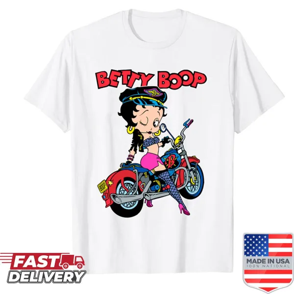 Betty Boop in a biker outfit on a motorcycle