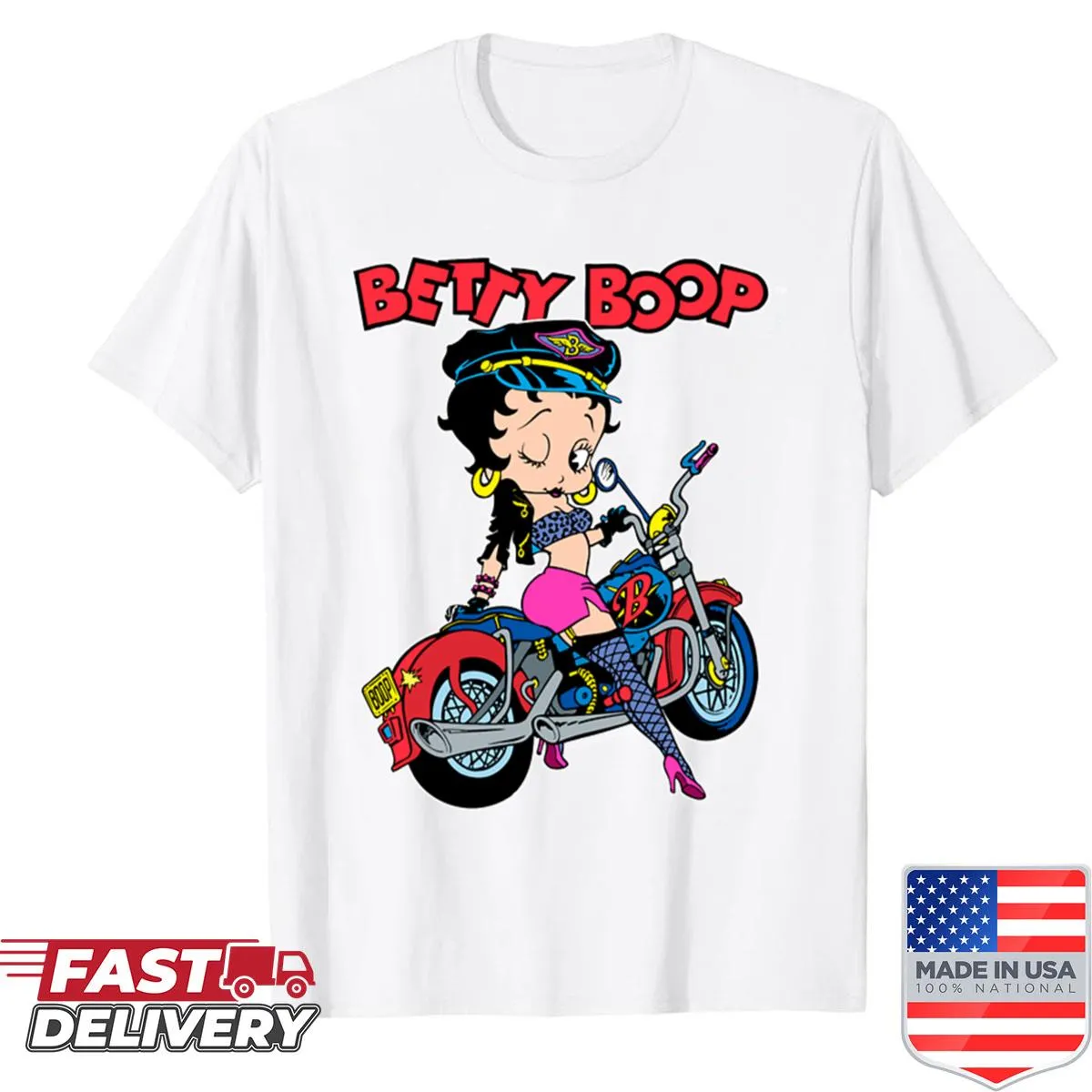 Betty Boop in a biker outfit on a motorcycle