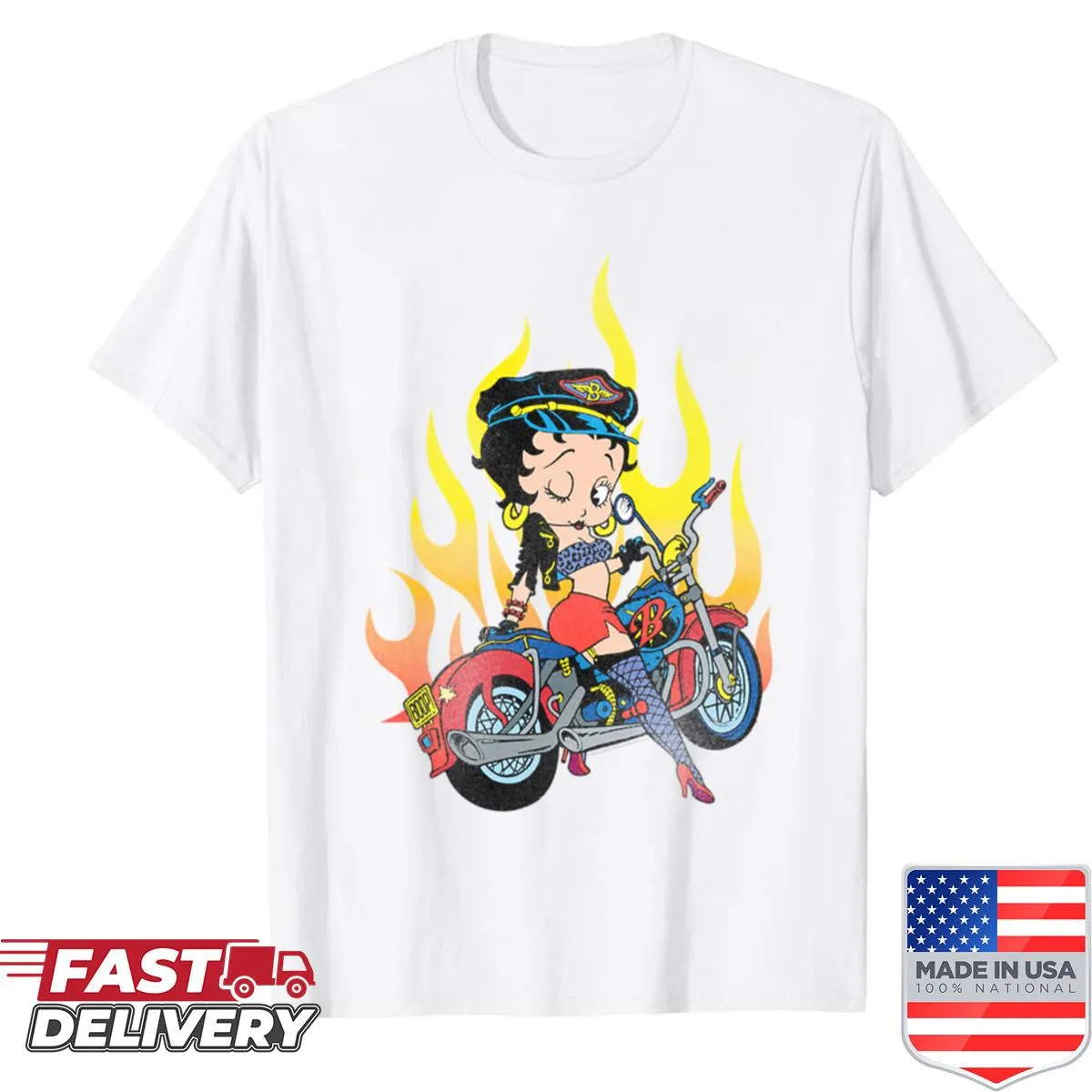 Betty Boop in a biker pose with a fiery background