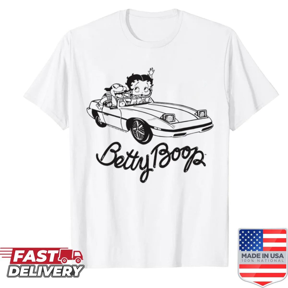 Outline design of Betty Boop in a car, whimsical and fun