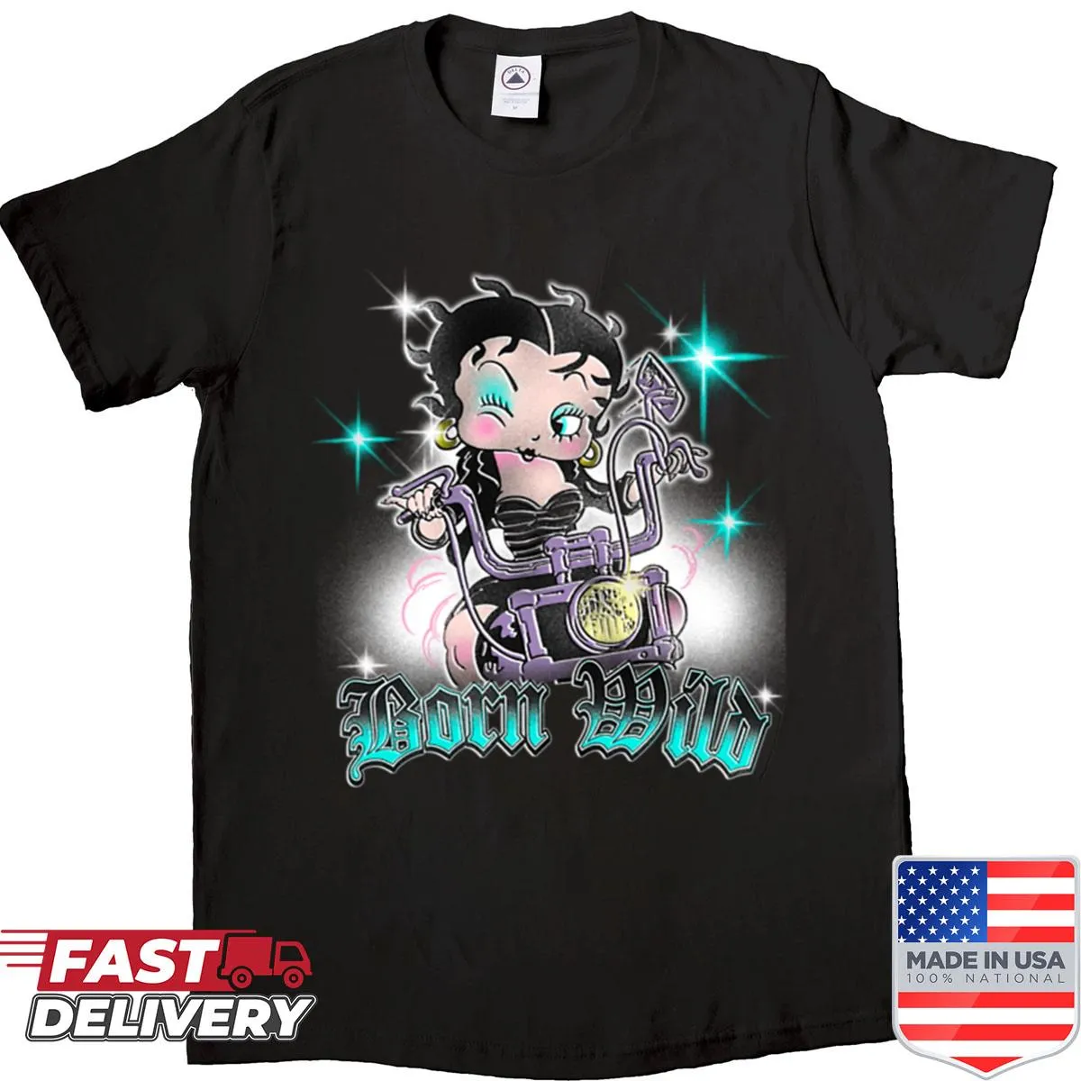 Airbrushed Betty Boop biker T-shirt with a playful design