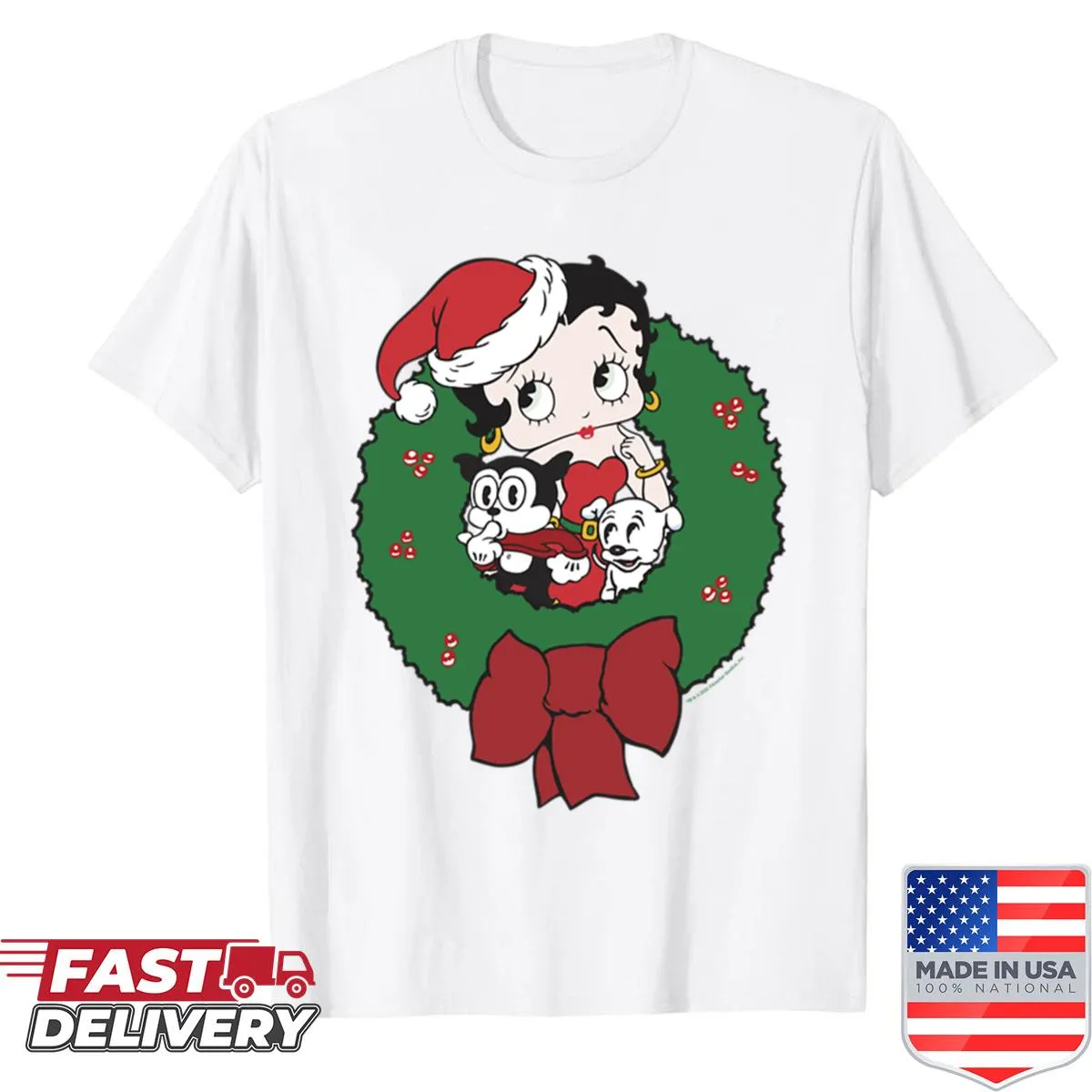Betty Boop with holiday wreath graphic on a T-shirt