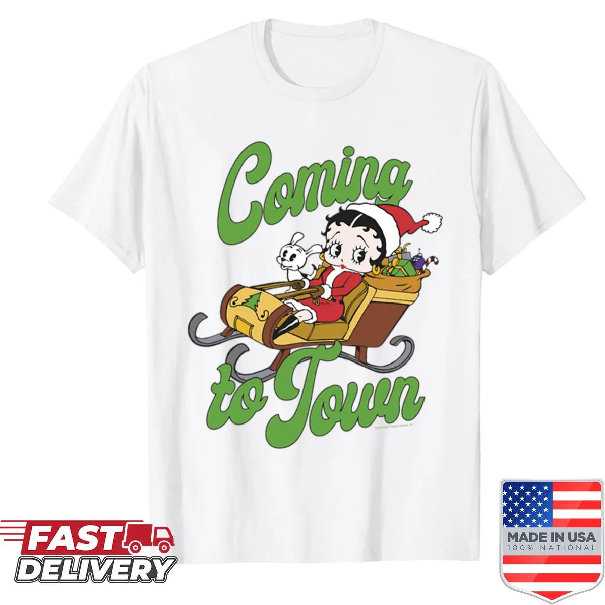 Betty Boop in Santa's sleigh illustration for Christmas T-shirt