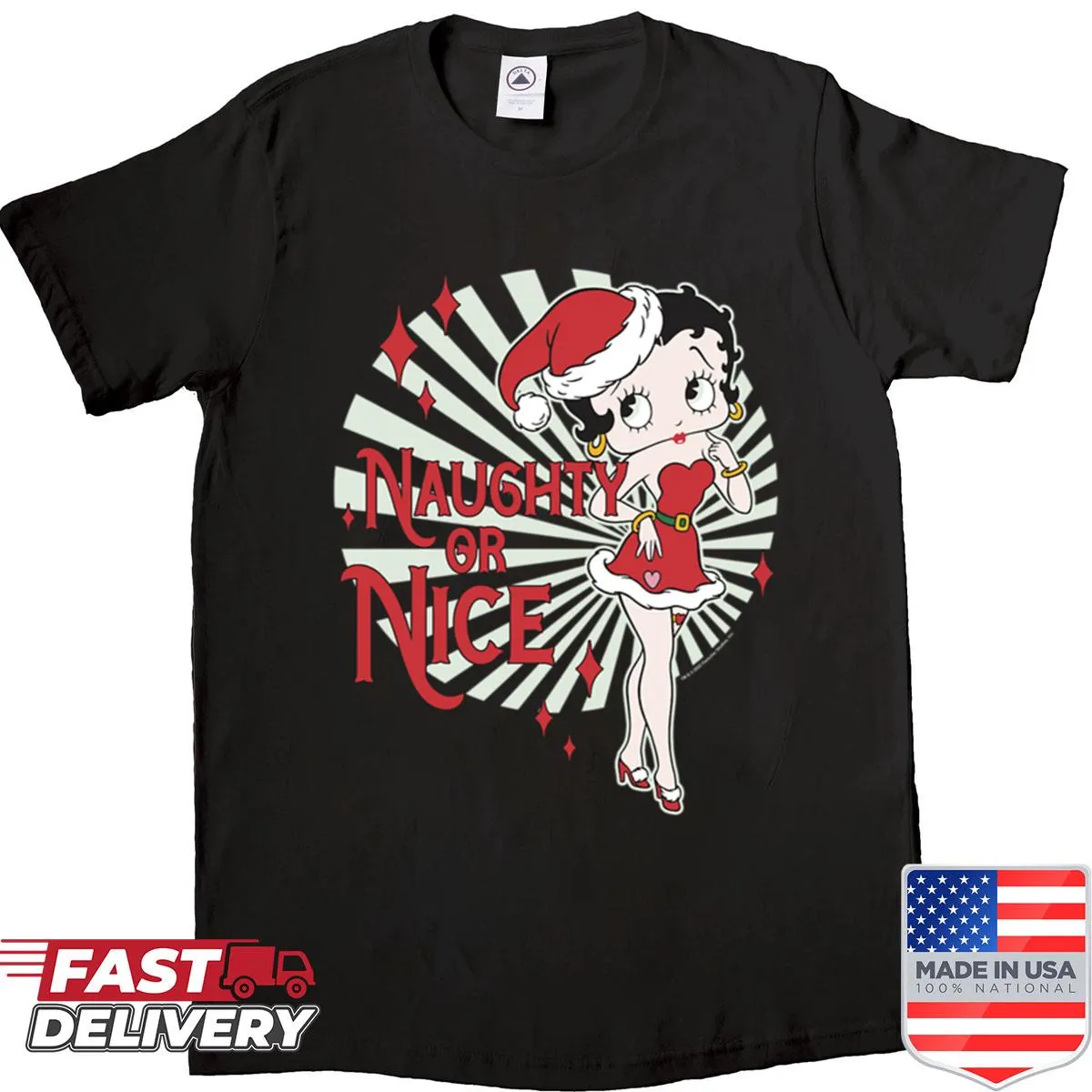 Betty Boop as Santa graphic with 'Naughty Or Nice' text on shirt
