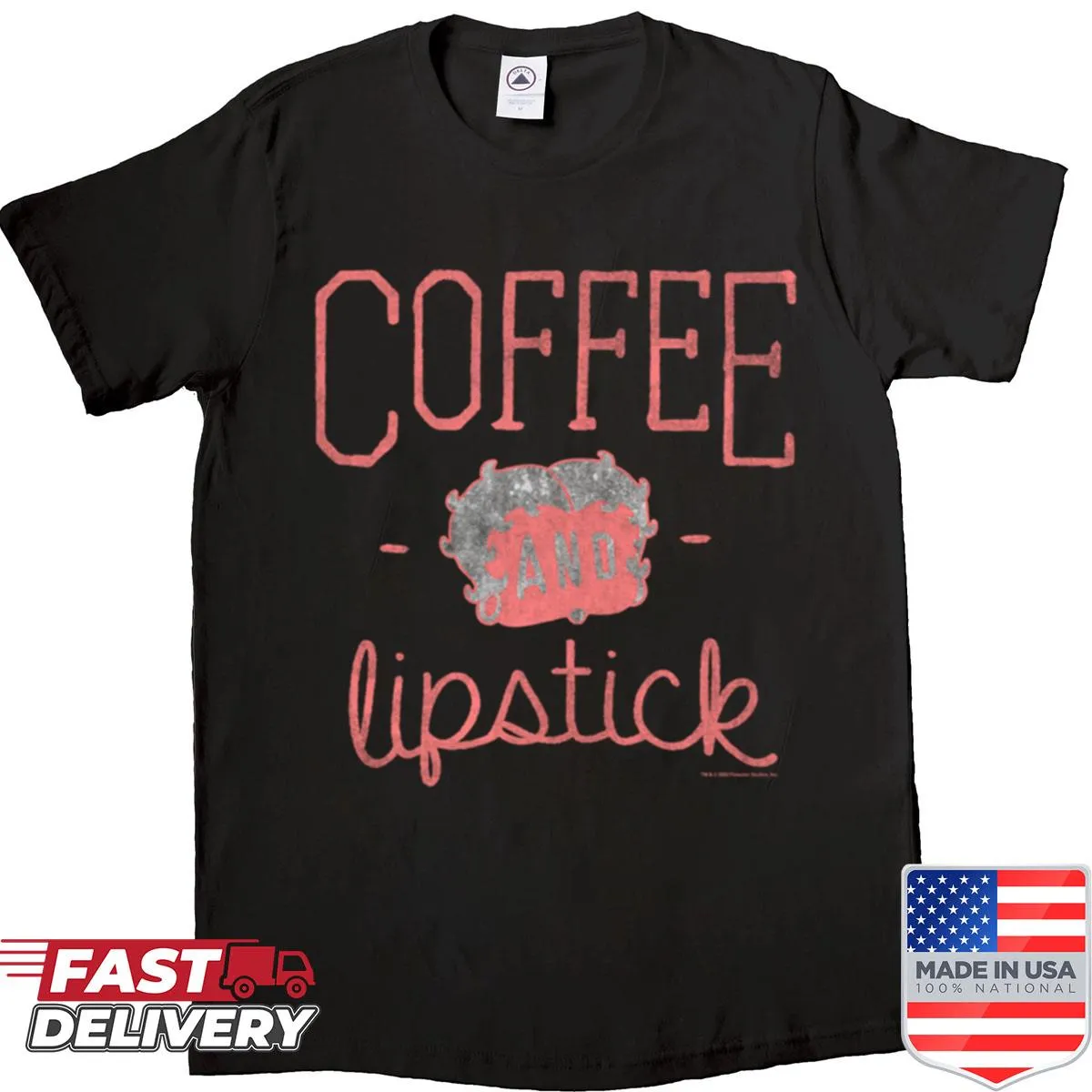 Betty Boop silhouette T-shirt with coffee and lipstick illustration
