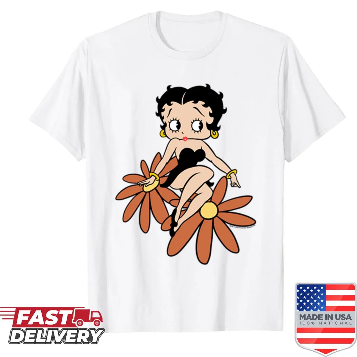 Betty Boop in a floral sitting pose illustration on a t-shirt