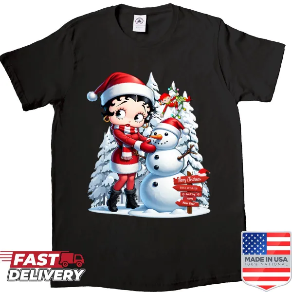 Betty Boop and Frosty the Snowman illustration on a Christmas shirt