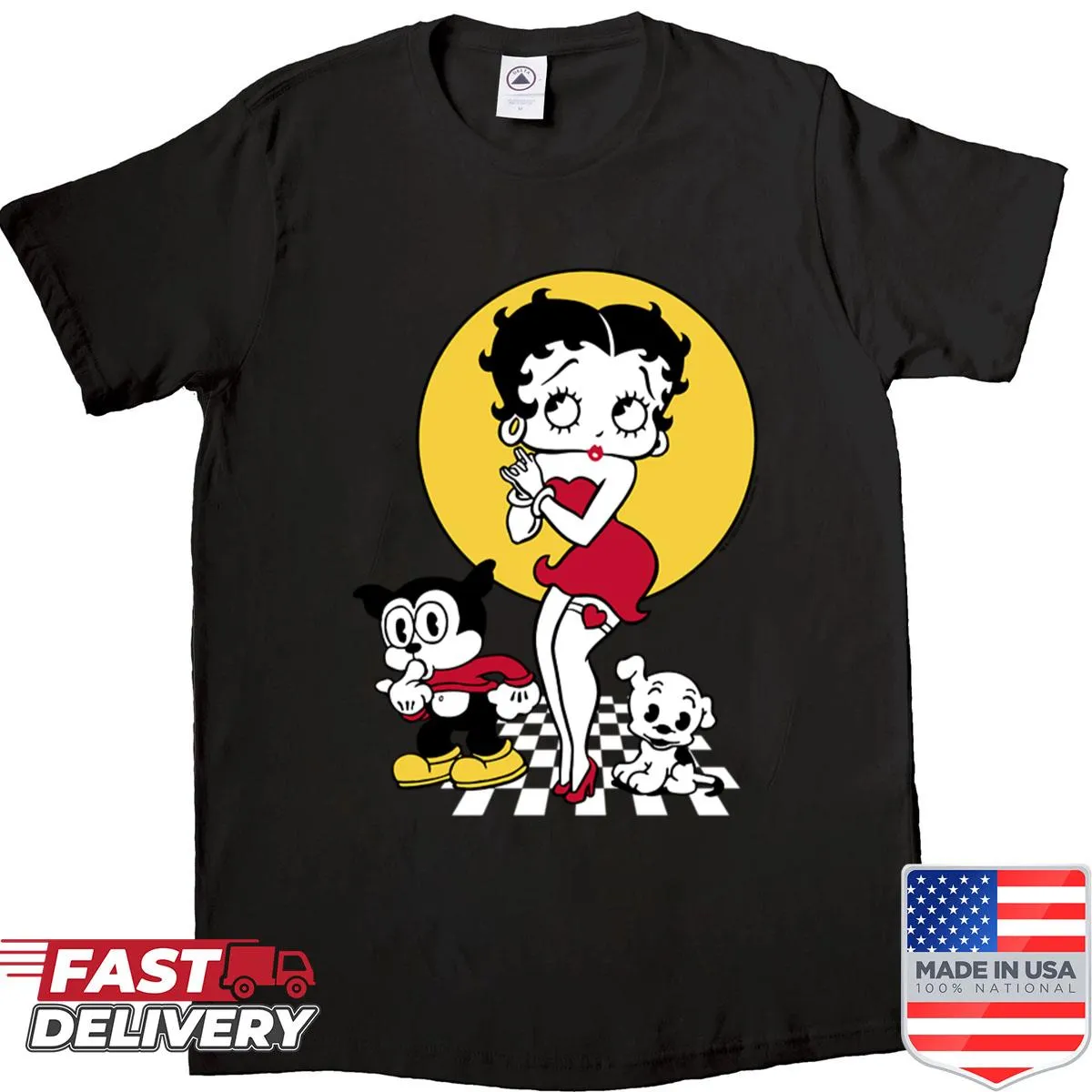 Betty Boop group illustration on a checkered sun background t-shirt