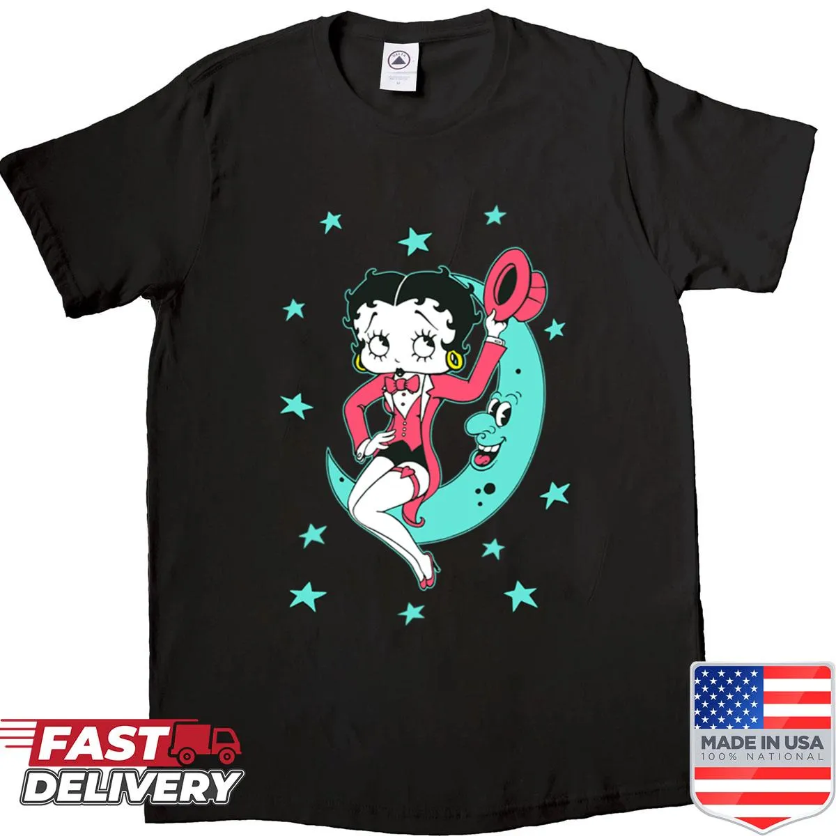 Betty Boop shirt with her sitting on the moon in a whimsical design
