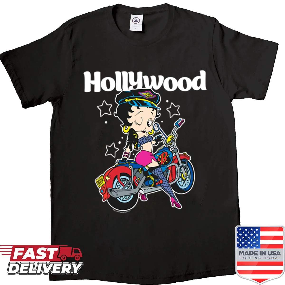 Betty Boop shirt featuring her riding a motorcycle under stars