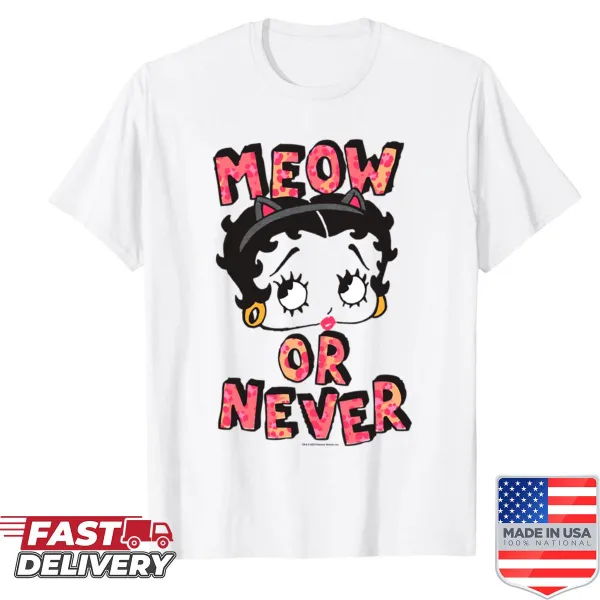 Betty Boop big head with 'Meow Or Never' phrase illustration