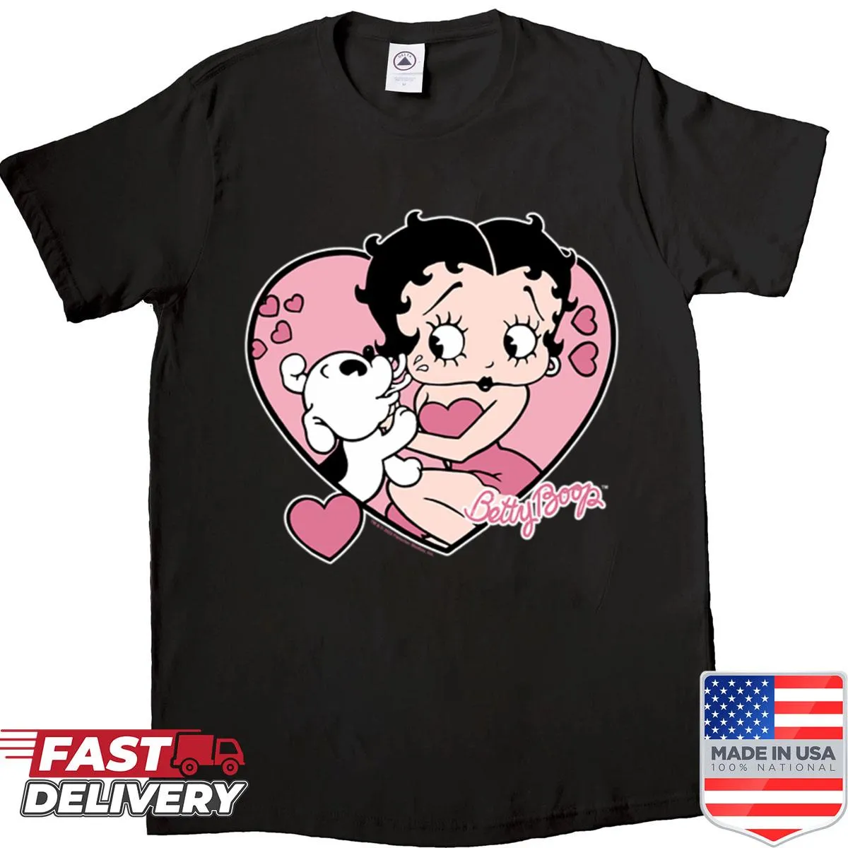 Betty Boop design with hearts in a playful cartoon style