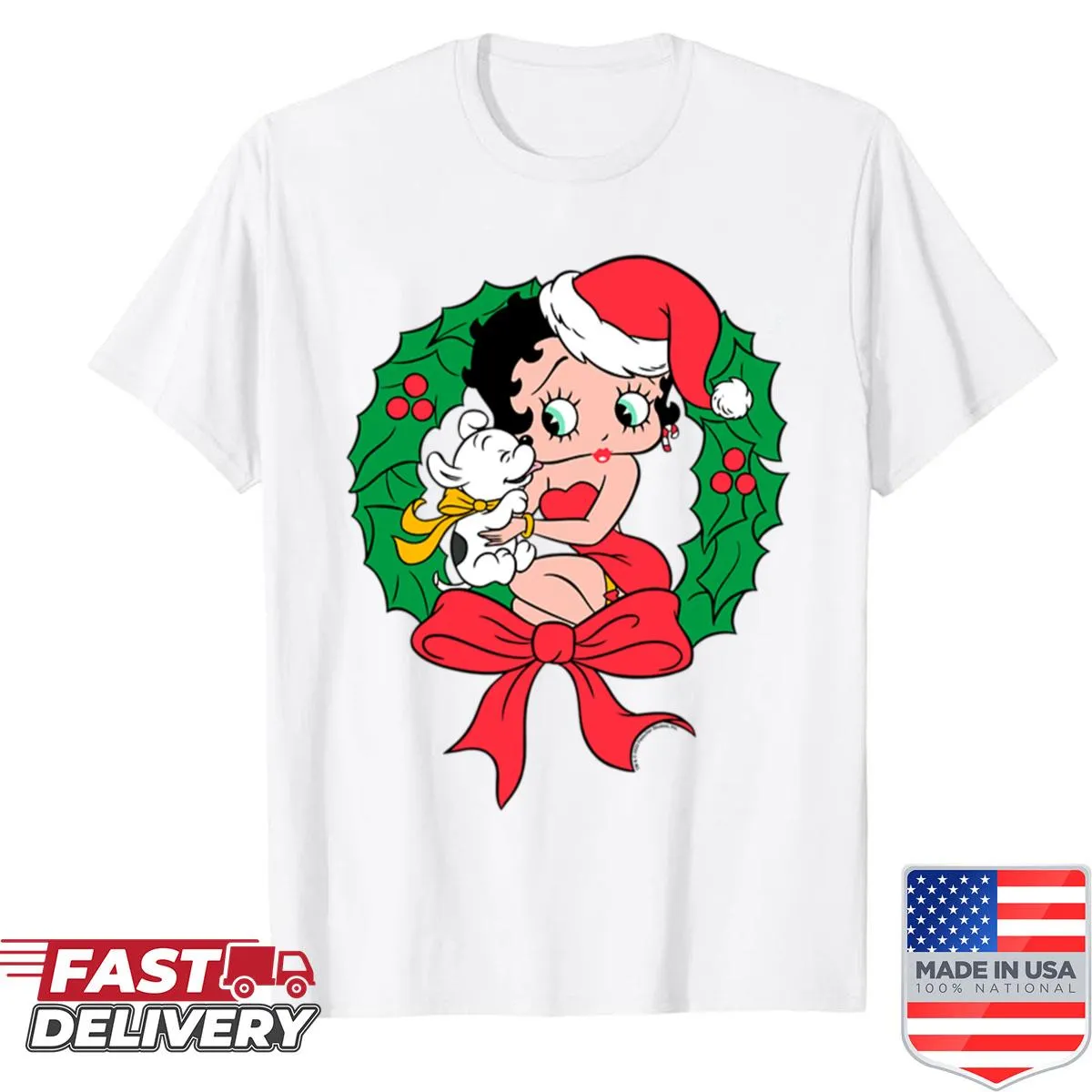 Betty Boop in Santa outfit with wreath shirt