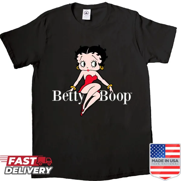 Betty Boop seated illustration with logo text on shirt