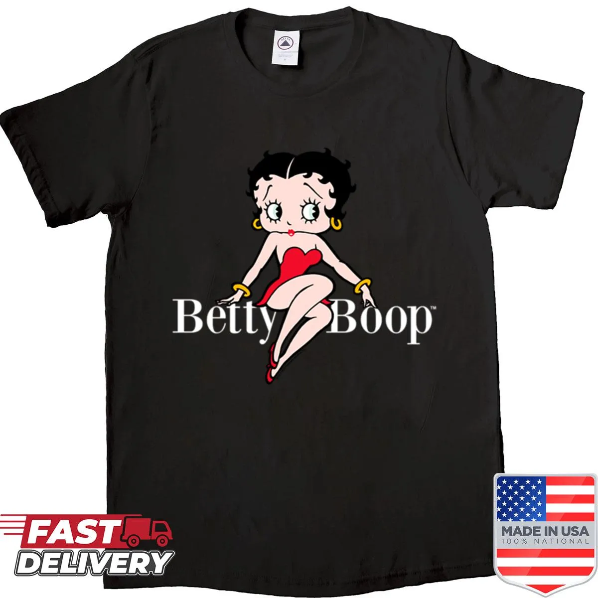Betty Boop seated illustration with logo text on shirt
