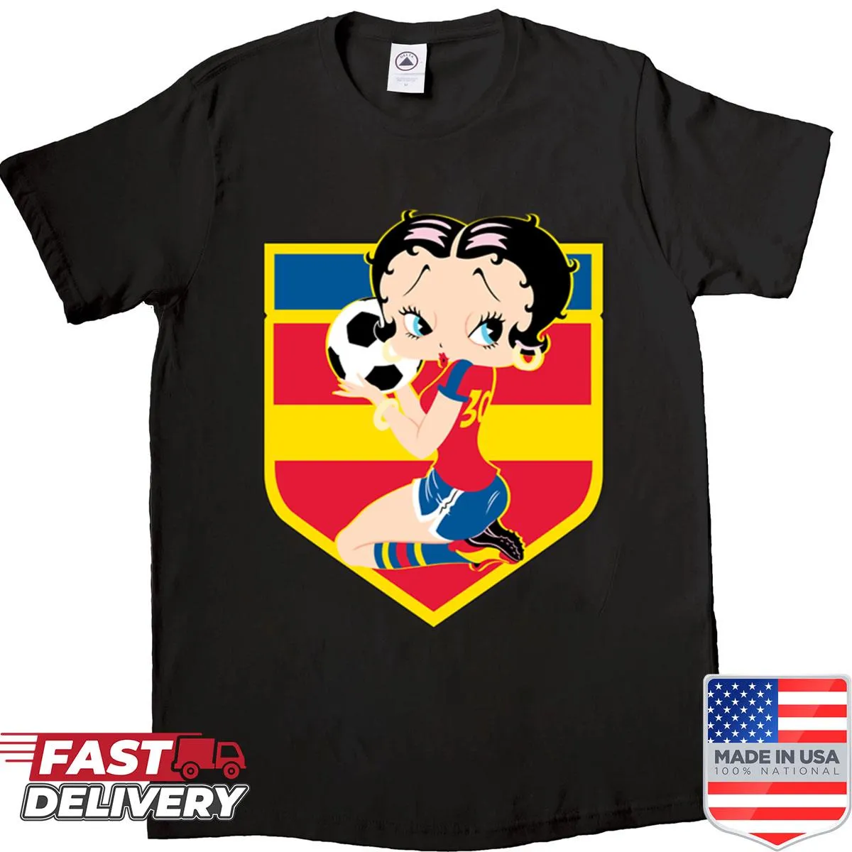 Betty Boop football-themed badge design on shirt