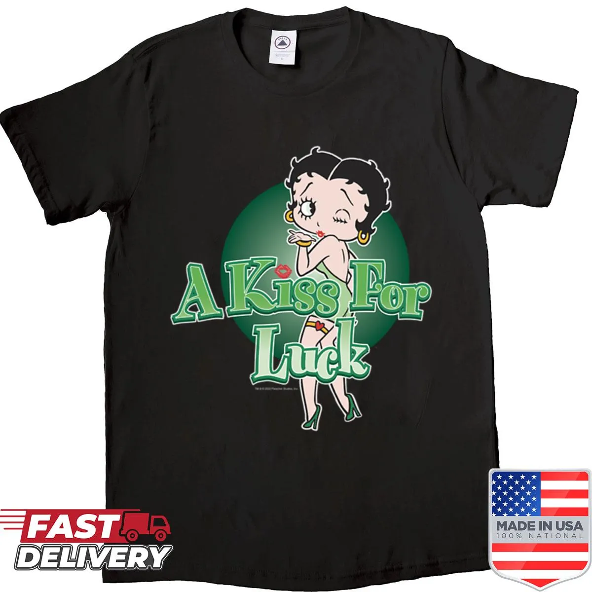 Betty Boop St. Patrick's Day shirt with an illustration of Betty and shamrocks