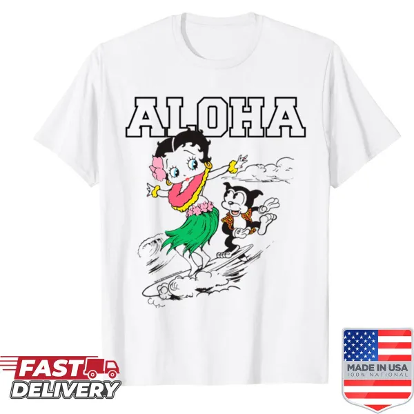 Betty Boop surfing design with Aloha text, outlined graphic