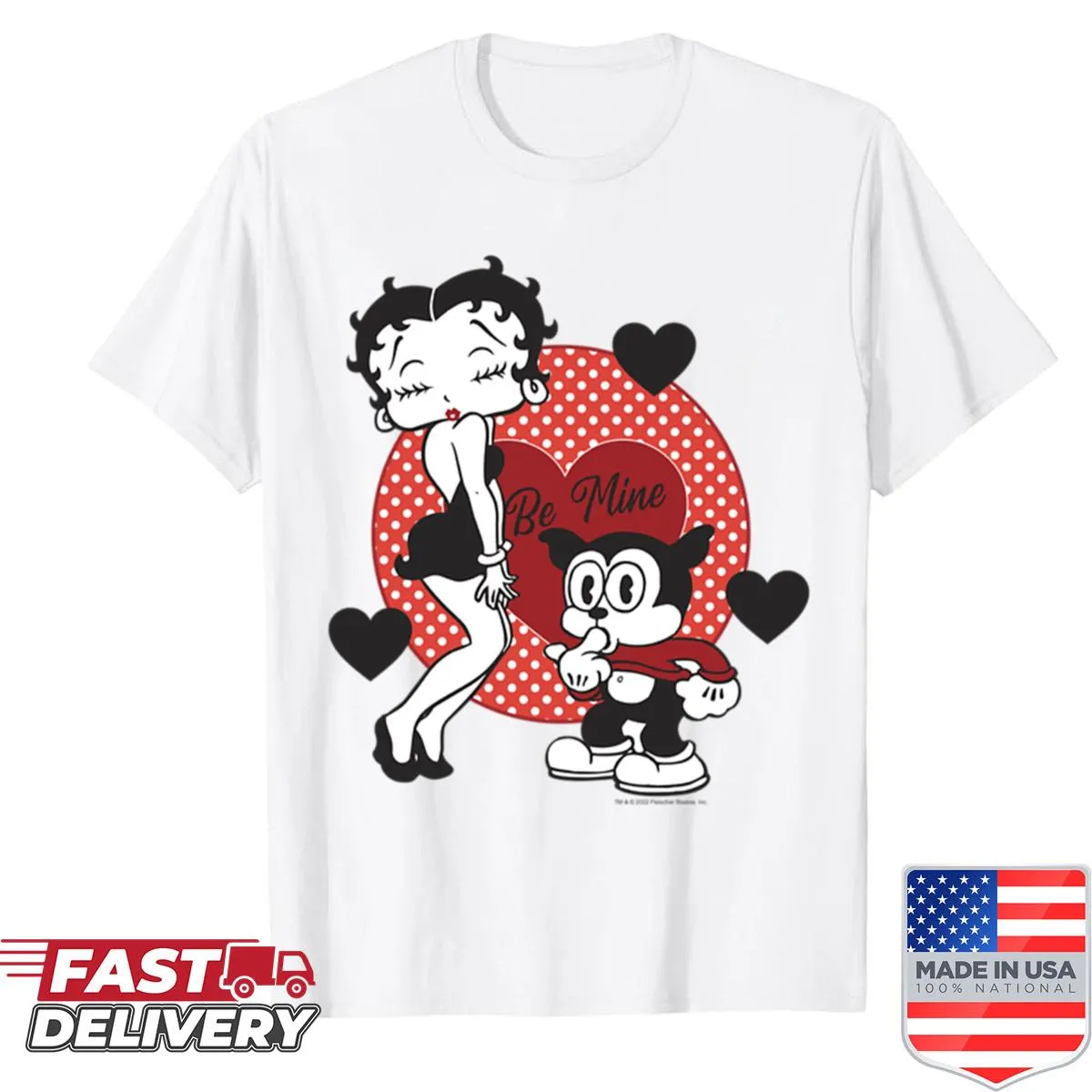 Vintage-style Betty Boop t-shirt with hearts and 'Be Mine' text