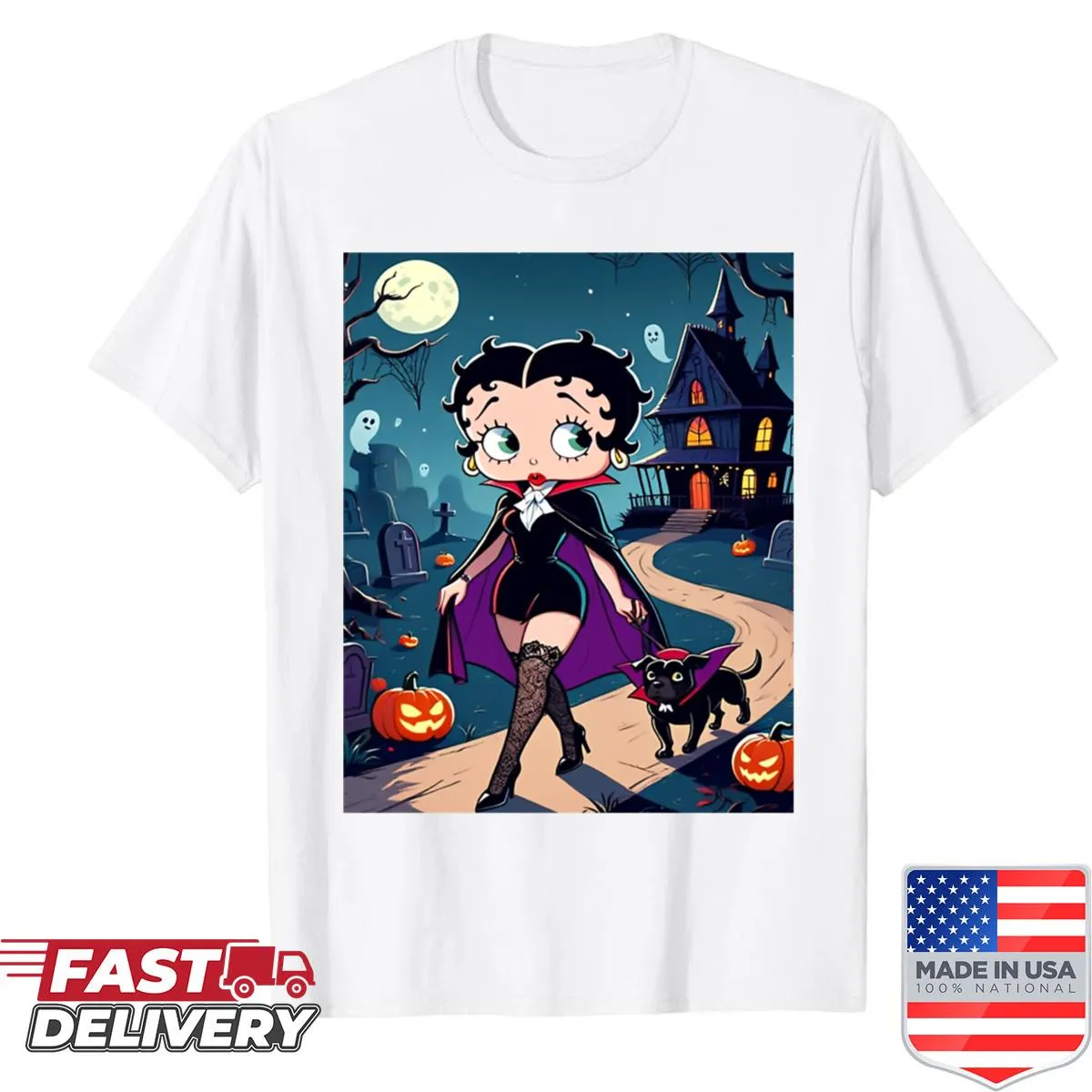 Betty Boop vampire graphic shirt for Halloween with playful design