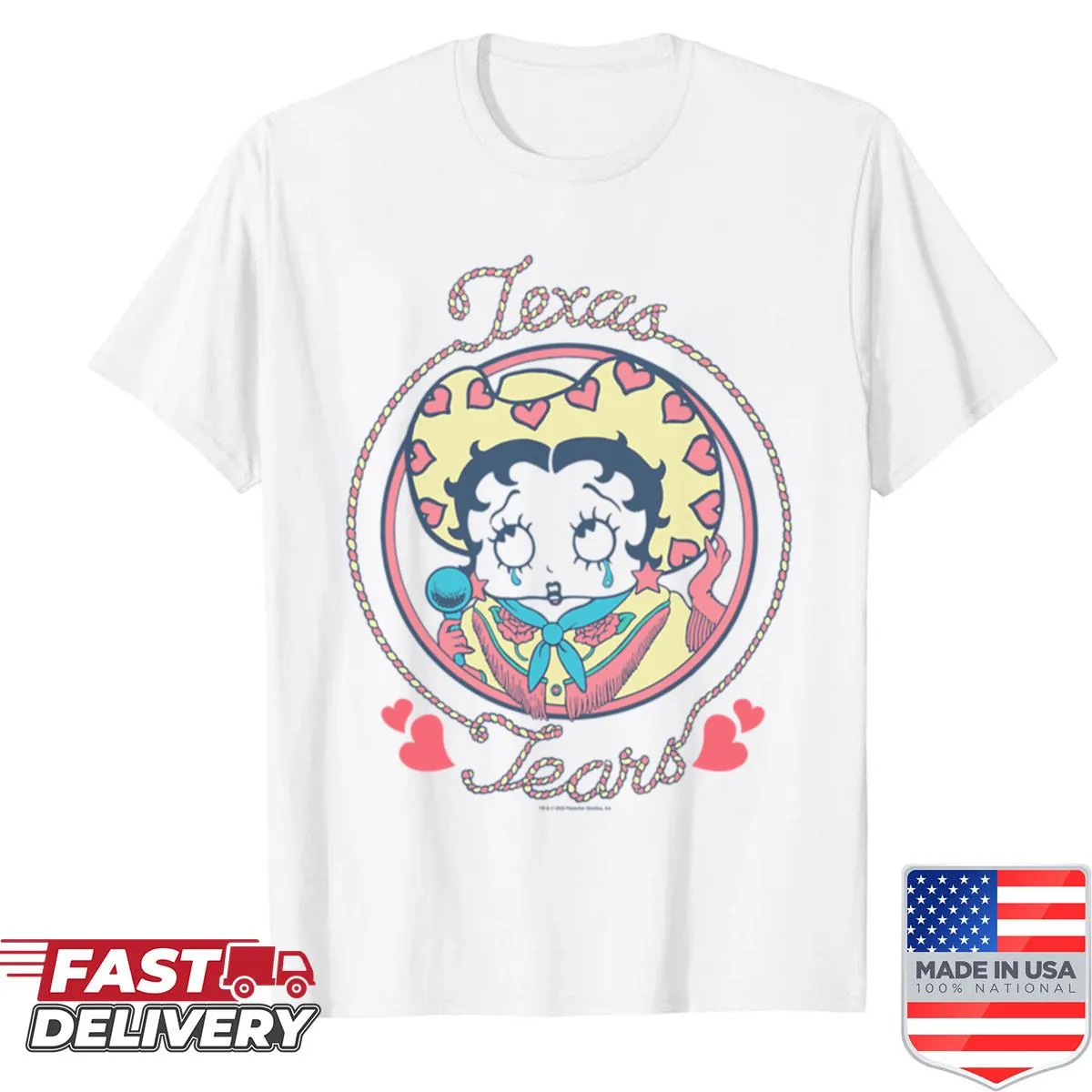 Betty Boop in a vintage cowgirl outfit with Texas-themed design