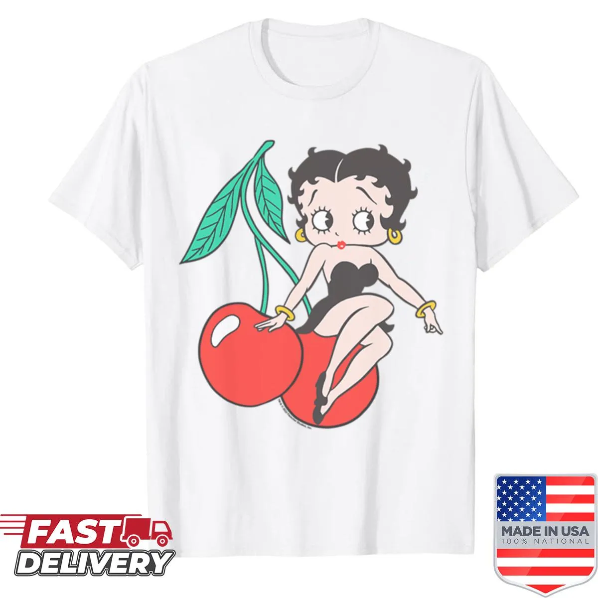 Vintage Betty Boop seated with cherries logo, playful and nostalgic.